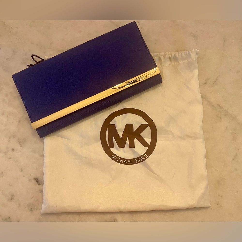Michael Kors Navy Clutch with Gold Trim